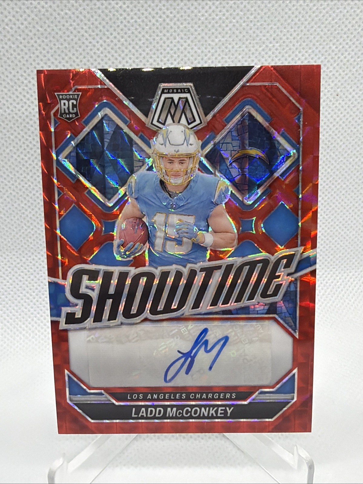 2024 Panini Mosaic Ladd McConkey Showtime Red Prizm RC Auto #/199 Chargers