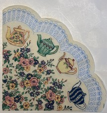 two Individual paper Lunch napkins Decoupage Flowers Tea Pots Blue Pink Crafts
