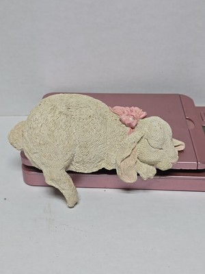 Sleeping White Bunny Rabbit with Pink Bow Resin Shelf Sitter Spring Nursery Room
