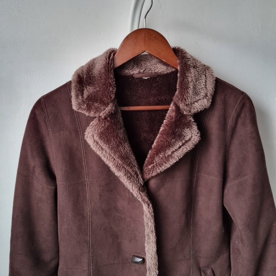 🍇 Dark Brown Shearling Jacket Coat Faux Fur Size 8 Xs-S
