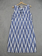 Talbots Dress Womens 10 Blue White Ikat Chevron Lace Up Shift Sleeveless Cotton