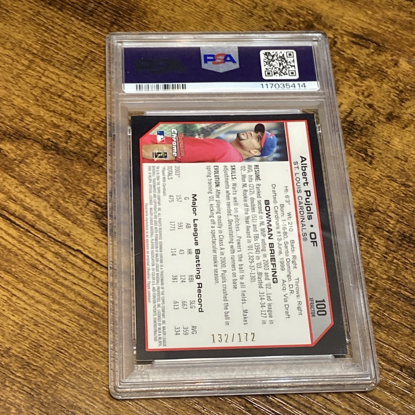 2004 Bowman Chrome Albert Pujols X Fractors #132/172 Cardinals PSA 8 AF75 view 2