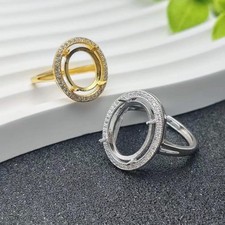 925 Sterling Silver Oval 8x10mm Cabochon Ring Blank Adjustable Zircon Setting