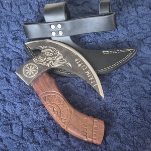 Tactical Complete Hatchet Engraved Stainless Blade Wood Handle Full Tang Sheath