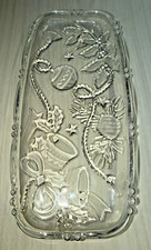 Christmas Clear Frosted Glass Serving Relish Tray Dish Bells Ornaments Holly 15"