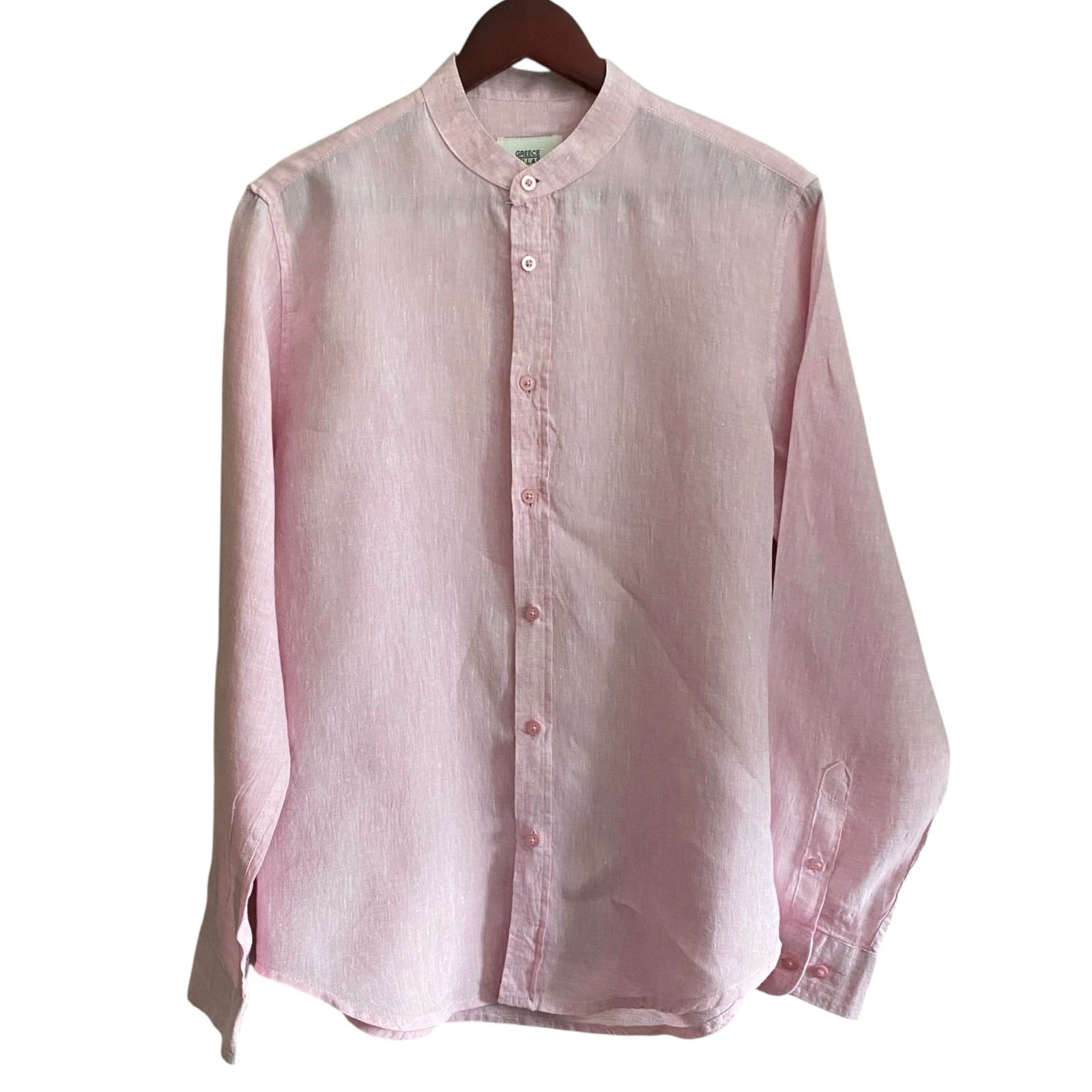 Bigbang Pink Collarless 100% Linen Pink Button Down Long Sleeve Shirt Sz Medium