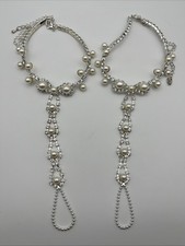 Rhinestone Faux Pearl Barefoot Sandal Anklet Jewelry Silver Tone Foot Chain Set