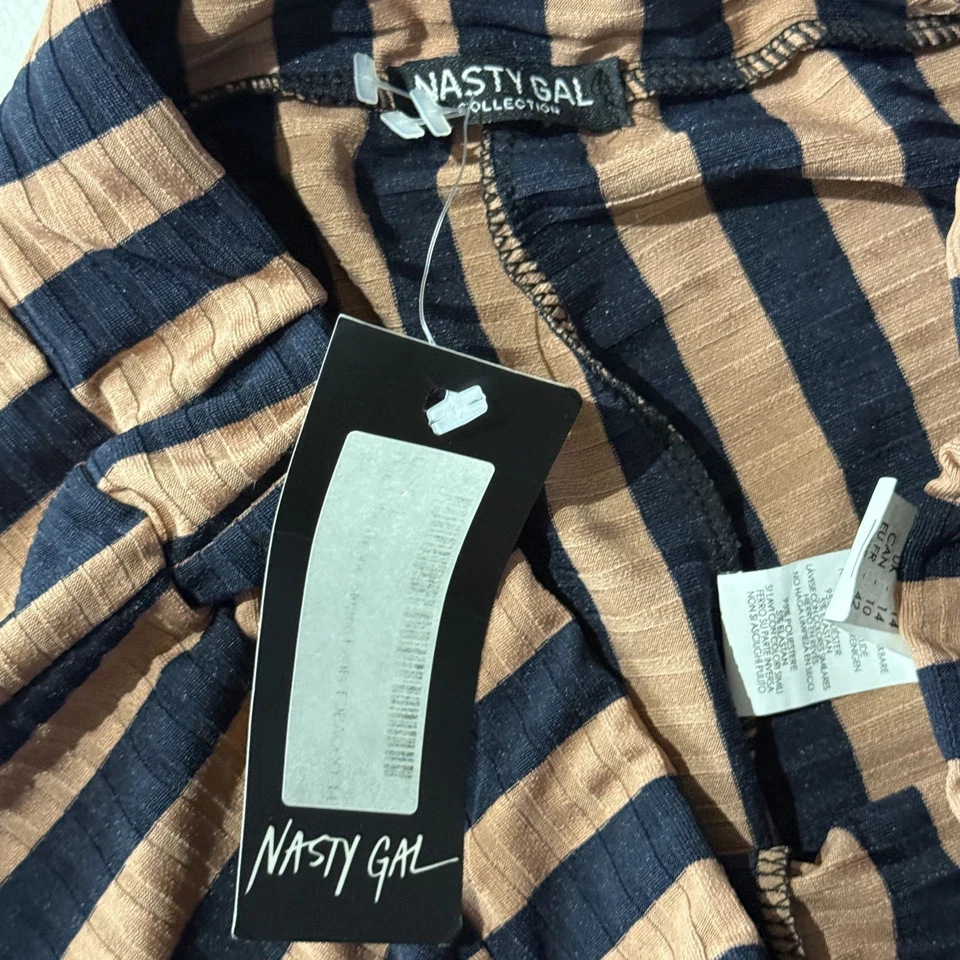 Pantalones acampanados a rayas Nasty Gal para mujer 10 marrón negro elástico pierna ancha nuevos con etiquetas Foto 3 de 4