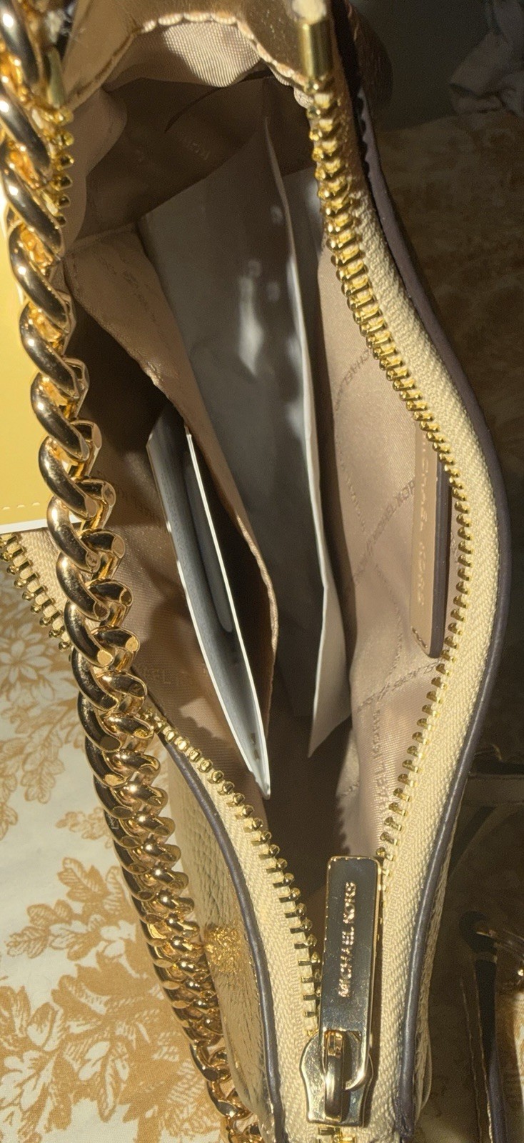 Michael Kors Gold Metallic Shoulder Bag Chain Accent Detachable Strap Gold Hard… thumbnail 2