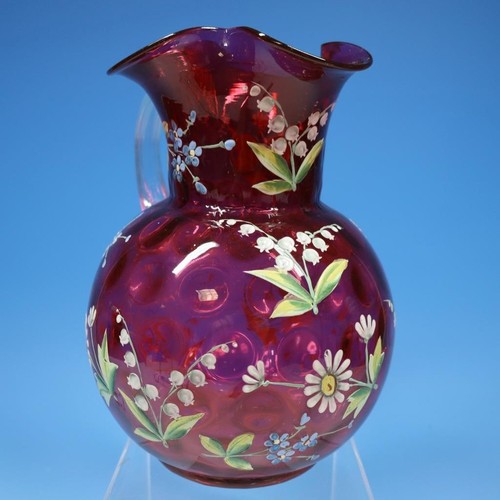 Antique Glass Cranberry Water Pitcher Enamel Painted Lily of the Valley Daisy - Bild 4 von 6