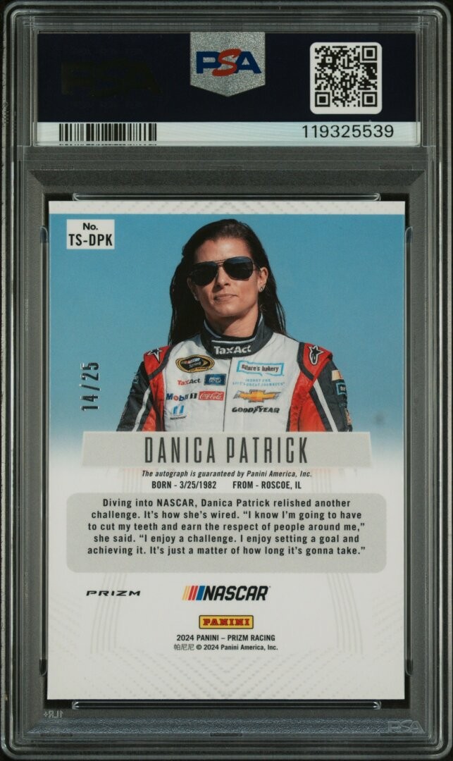 2024 Prizm Nascar T-back Signatures Danica Patrick Throwback Blue Prizm PSA 10 view 2