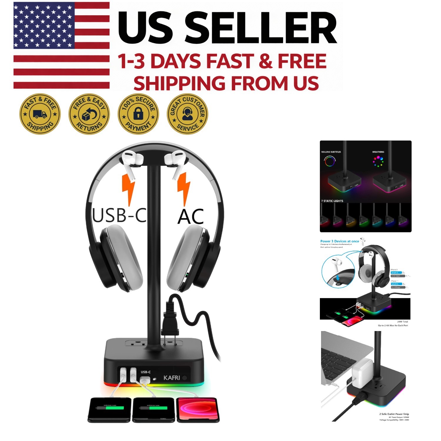 RGB Headphone Stand with USB Charger