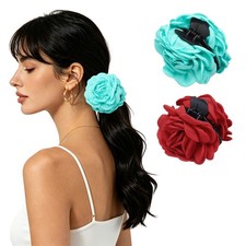 Camellia Flower Hair Clips 3.5" 2Pcs, Hair Flowers for Women, Red/Mint Green