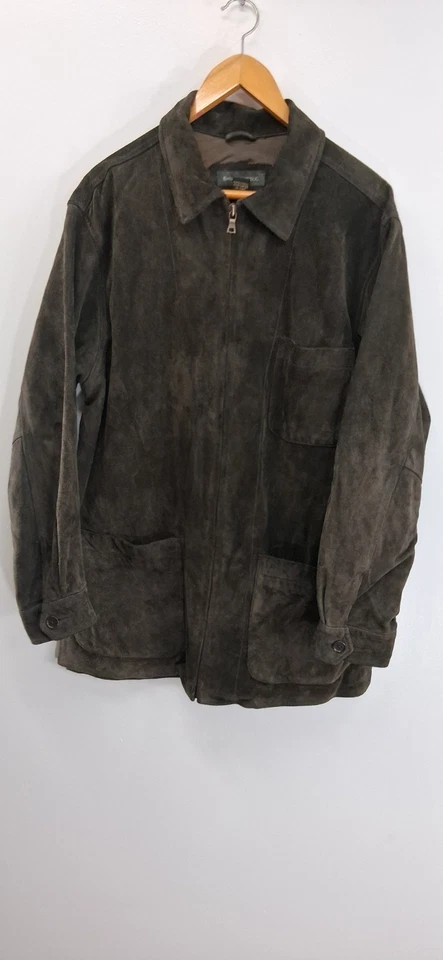 Banana Republic Hombres Pequeña Gamuza Cuero Chaqueta Marrón Cremallera Completa Tareas Clásicas   Foto 2 de 4