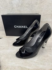 CHANEL Black Patent Leather Peep Toe CC Logo Silver Heel Pumps, Size 37