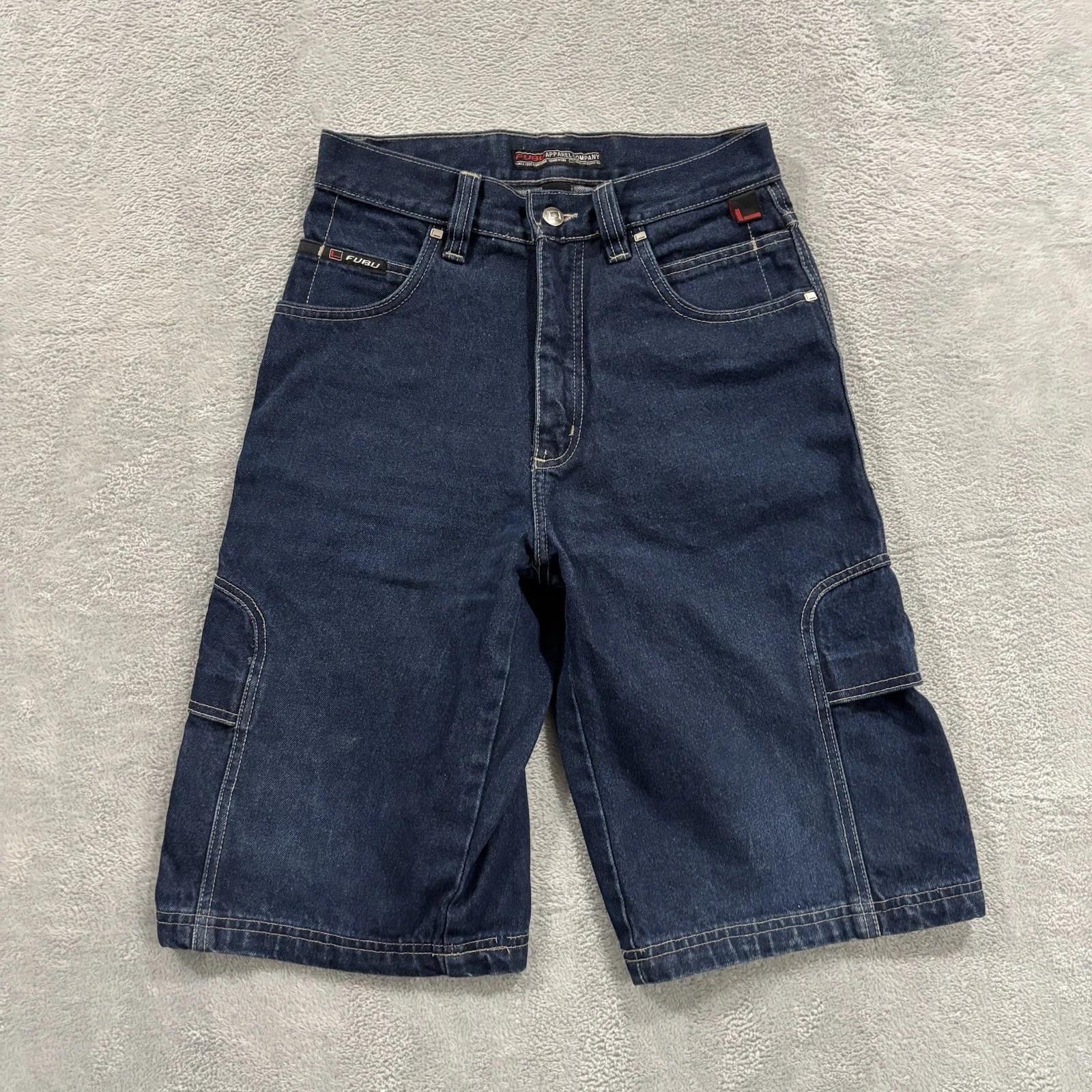 FUBU Denim Cargo Shorts Unisex 27in Waist Jorts Blue Jean Y2K Streetwear Vtg