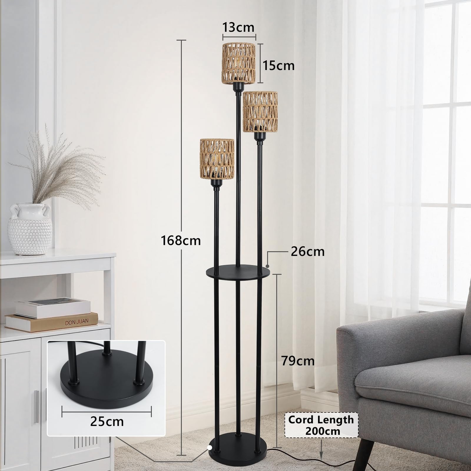 Lampada da terra Boho in rattan a 3 luci foto 5