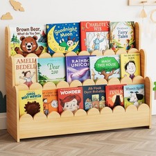 3-Tier Scalloped Bookshelf Montessori Bookcase Toddlers Wooden Book Shelf