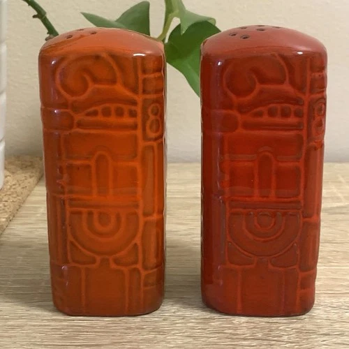 Frankoma Pottery Mayan Aztec FLAME RED Tall Salt & Pepper Shakers RARE VTG FIND