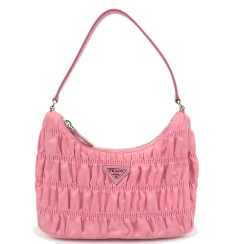 PRADA Gathered Nylon Leather Shoulder Bag Pink Silver HDW 1NE204 Authentic