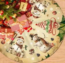 Vintage Christmas Tree Skirt Snowman 48 Inch Retro Holiday Decoration Mat Cover.
