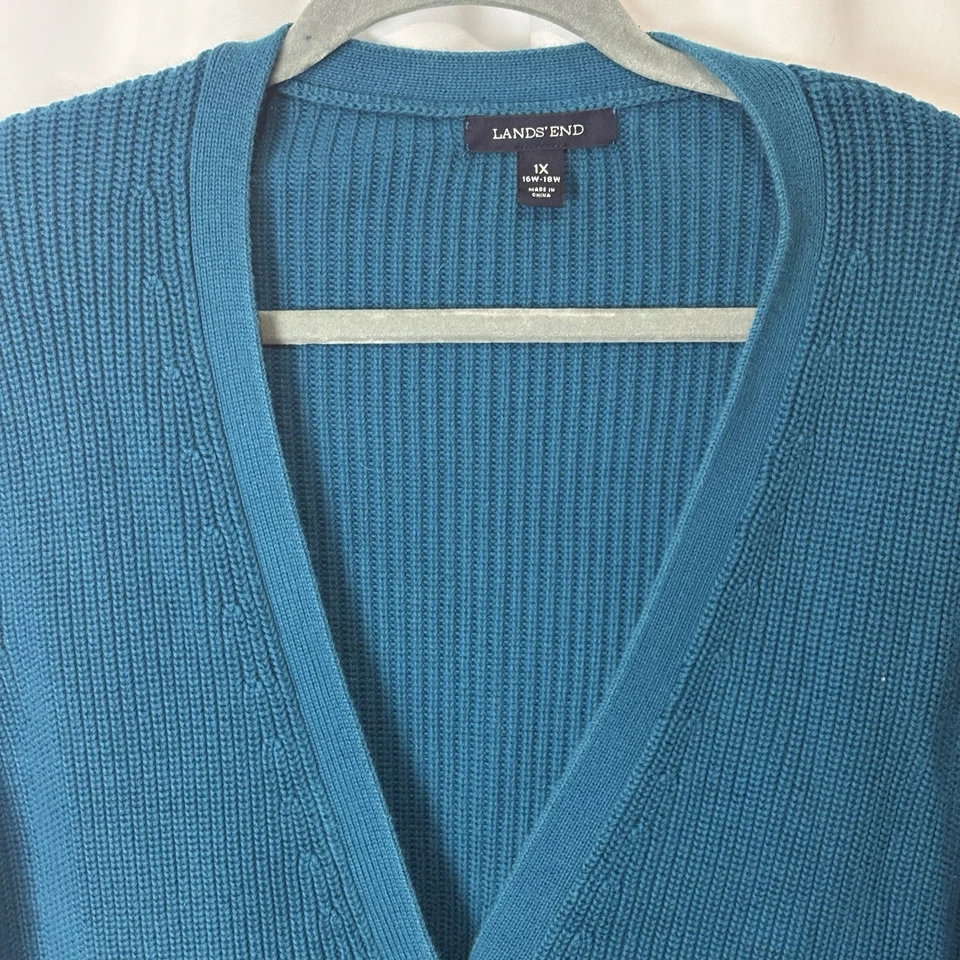 Lands End Women’s 1X Chunky Knit Cardigan Sweater Teal Blue Button Grandma Cozy - Image 3 of 4