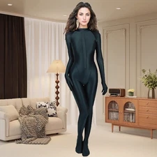 Women Glossy One Piece Jumpsuits Front Crotch Double Zipper Full-Length Bodysuit