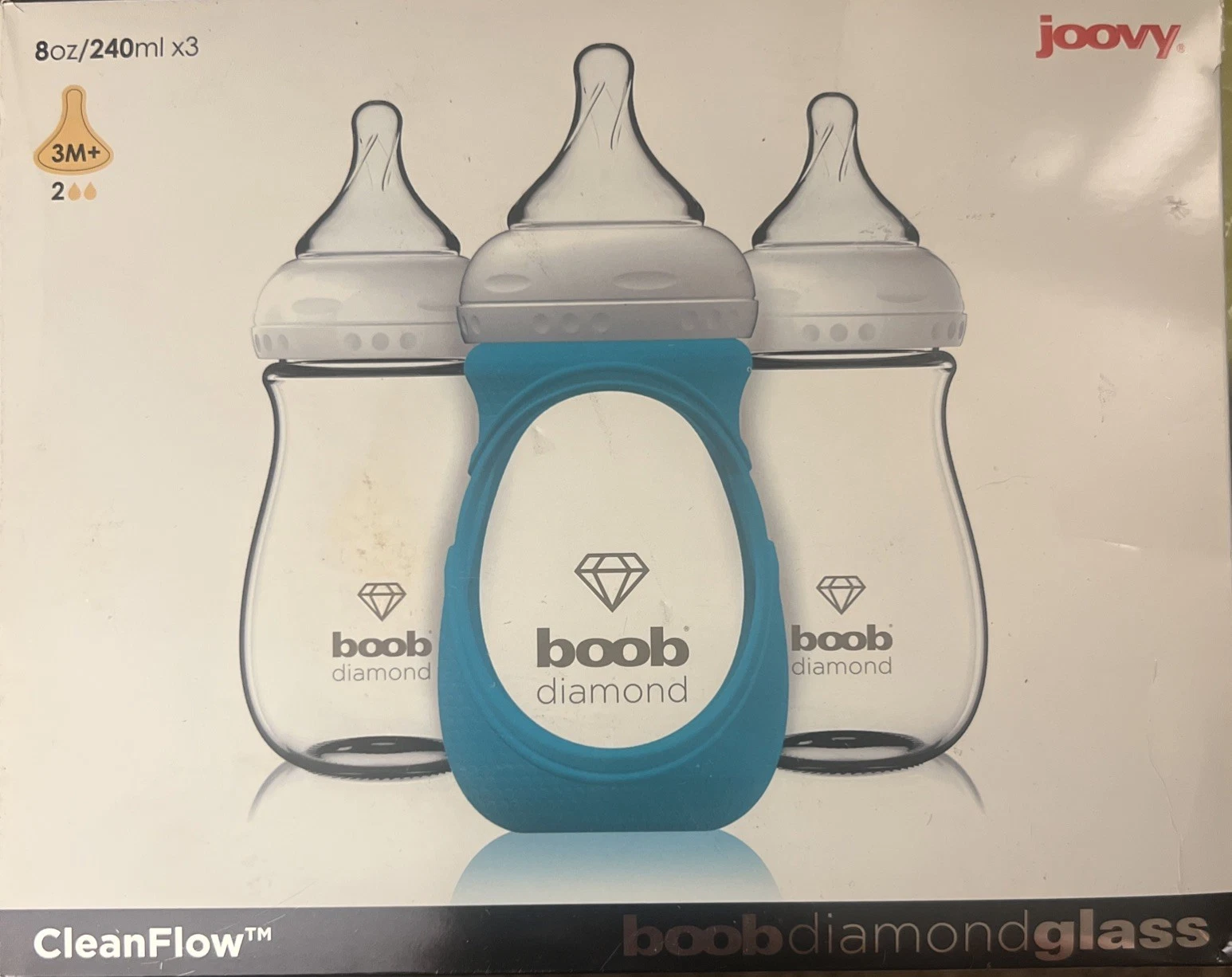 3 Pack Joovy Boob Diamond 8 oz Glass Baby Bottles New Sealed Blue