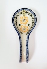 NEW CERAMIC CREAM,COBALT BLUE+GREEN+YELLOW ACCENT ASIAN DEEP SPOON REST HOLDER