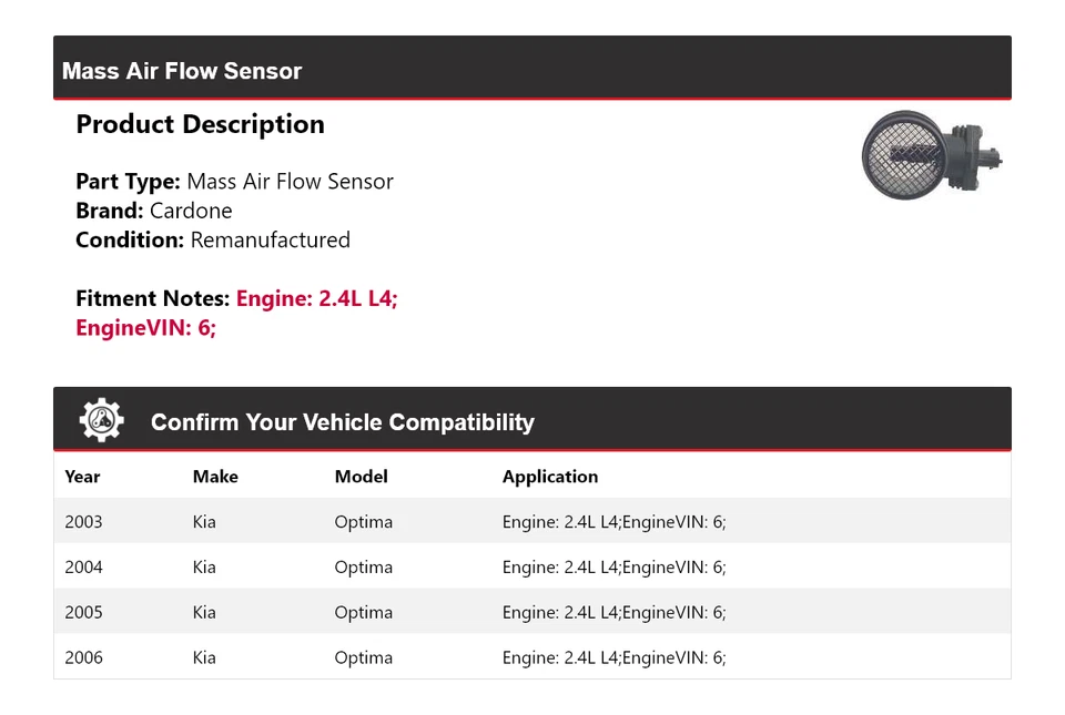 Sensor de flujo de aire másico Cardone 2004 2005 para Kia Optima 2003-2006 2,4 L L4 Foto 2 de 4