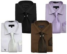 Men's Solid Dress Shirt French Cuff w/ Matching Tie Hanky 27 Black, White