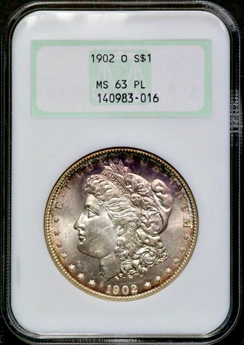 1902-O $1 Morgan Dollar NGC MS 63 PL Iridescent PurpleBlue Toning old slab CC559