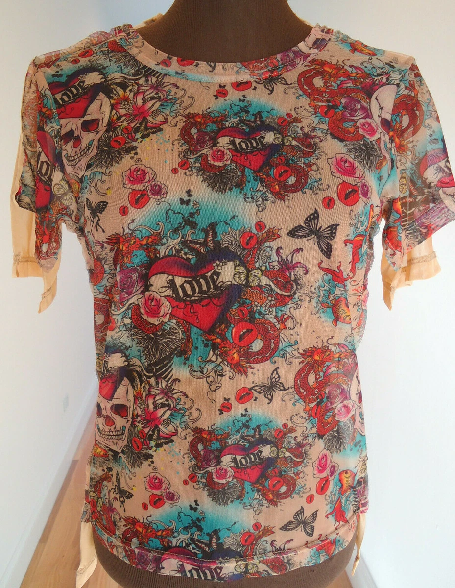 New $375 Comme des Garçons S Rose Tattoo Print Mesh Tee Skull