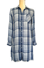 CLOTH & STONE Anthropologie NEW Blue Plaid Fringe Hem Long Shirt Short Dress XS