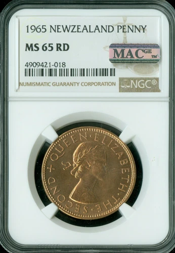 1965 NEW ZEALAND PENNY NGC MS65 RD PQ MAC SPOTLESS  .