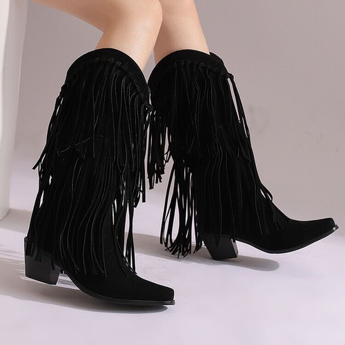 Womens Knee High Boots Mid Chunky Block Heels Tassels Western Riding Boot Autumn - Imagen 3 de 29