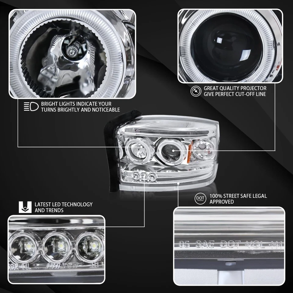 PARA 05-07 DODGE DAKOTA LED HALO CROMO CARCASA ÁMBAR FARO ESQUINERO FARO Foto 3 de 4