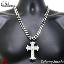 24"30"36"Stainless Steel 11mm Silver Cuban Curb Necklace CZ Cross Pendant P5