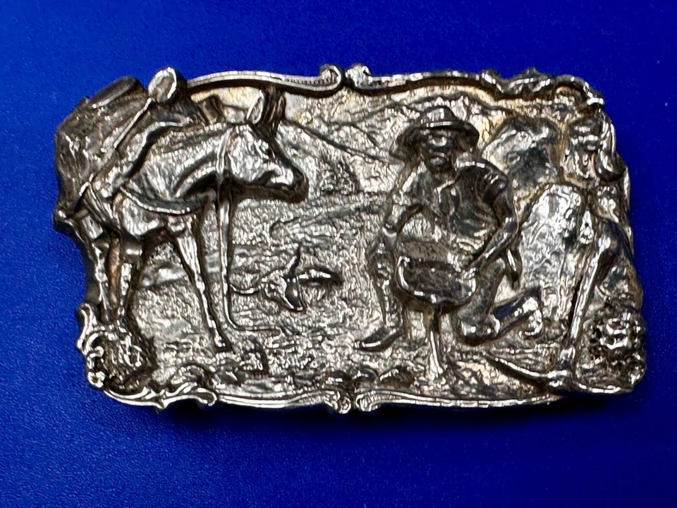 Gold Panning Miner Prospector Horse 925 Sterling Silver Cast Belt Buckle 121 Gr - Image 3 of 4