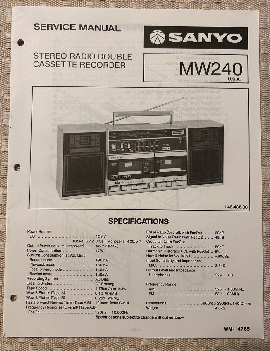 June/85 Sanyo MW240 Stereo Radio Double Cassette Record Service