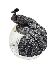 BUBBLE BALL SPHERE ART GLAS + SILVER TONE METAL PEACOCK FIGURINE,PAPERWEIGHT