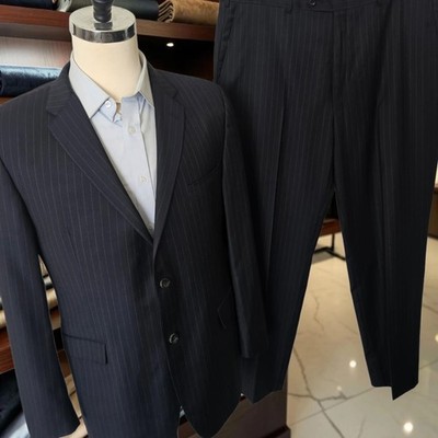 Hickey Freeman Suit 46r 39x30 Navy Wool Chalkstripe Made In USA Hickey
