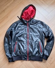 Echo Unlimited Black Faux Leather Mens Jacket Uk Size XL Hooded Hip Hop