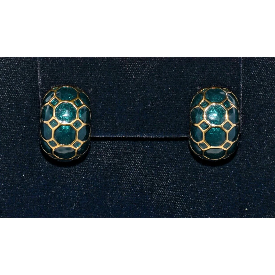 Judith Leiber Limited Edition Designer Green & Gold Enamel Clip Earrings - Image 2 of 4