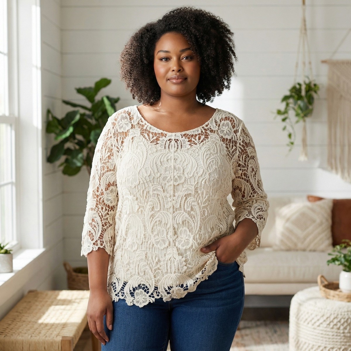 Adiva Cream Floral Lace 3/4 Sleeve Blouse XL Lined Scalloped Hem