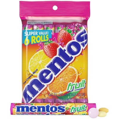 Mentos Fruit Chewy Mint Candy Roll Mixed Fruit Flavors Valentine's Pack of 6