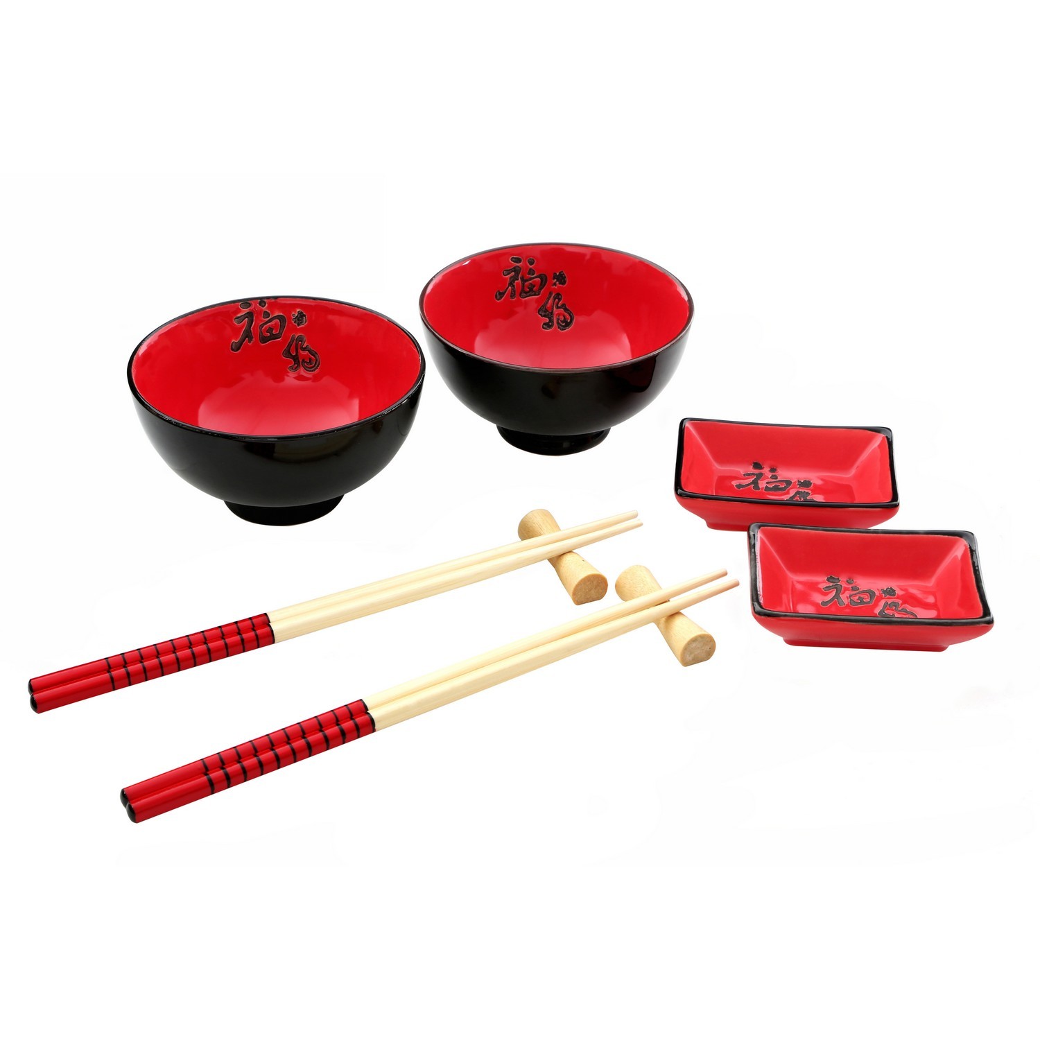 Red Chinese Oriental Porcelain Bowls Dishes Bamboo Chopsticks Rests Dining Set