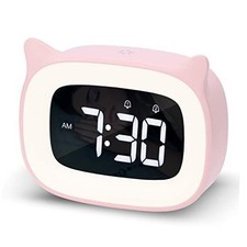 Alarm Clock with Night Light, Cute Cat Alarm Clocks for Girls Toddlers Pink