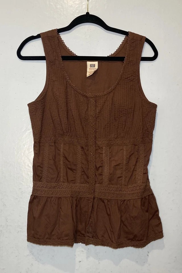Y2K Vintage Faded Glory Fairy Grunge Tank Top Size M Brown Pintucked Crochet - Image 2 of 4