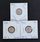 1942, 1960, 1962 Canada Circulated Silver 10 Cent Coins (3 coins) FREE SHIPPING!